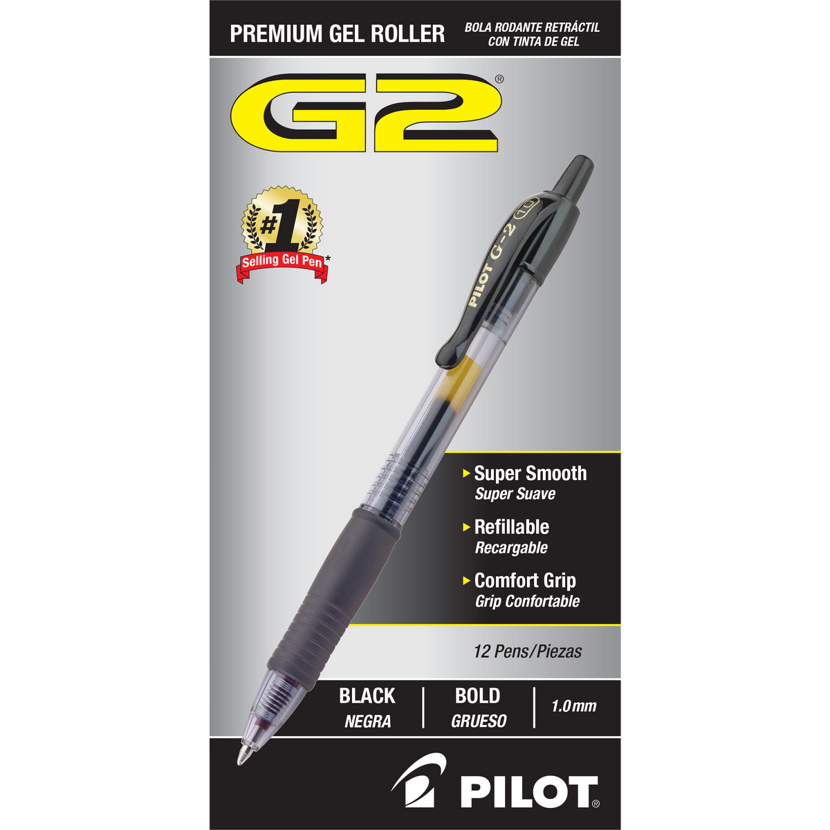 Pilot G2 Retractable Gel Pen, Bold Point 1.0mm, Black Ink, 12 ct