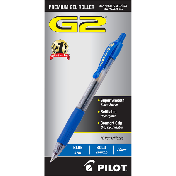 Pilot G2 Retractable Gel Pen, Bold Point 1.0mm, Blue Ink, 12 ct