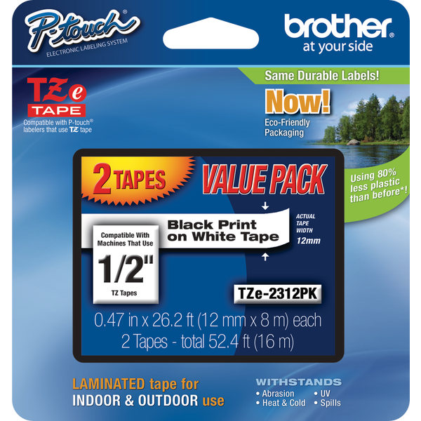 Brother P-Touch TZE Label Tape, 1/2"W x 26-1/5'L, Black on White, 2 ct