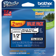 Brother P-Touch TZE Label Tape, 1/2"W x 26-1/5'L, Black on White, 2 ct