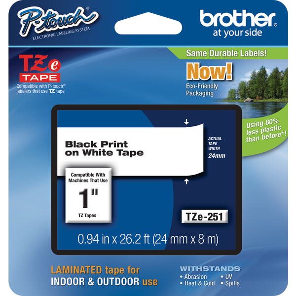 Brother P-Touch TZE Label Tape, 1"W x 26'L, Black on White