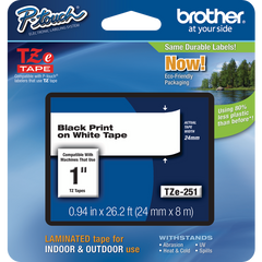 Brother P-Touch TZE Label Tape, 1"W x 26'L, Black on White