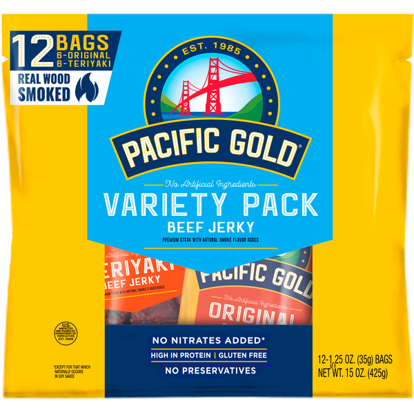 Pacific Gold Beef Jerky, Variety Pack, 1.25 oz, 12 ct