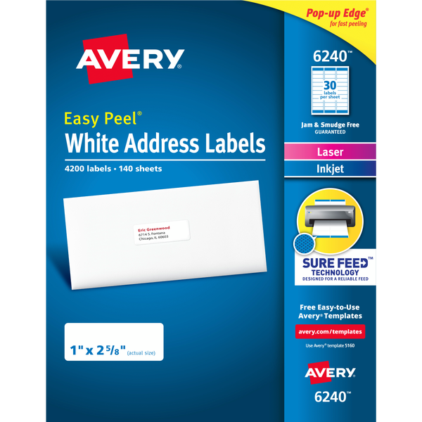 Avery Easy Peel Address Labels with Sure Feed, Laser/Inkjet, White, 1" x 2-5/8", 4200 Labels