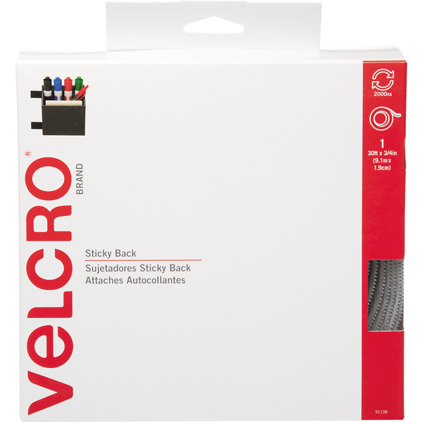 VELCRO Brand Sticky Back Hook & Loop Fasteners with Dispenser, 3/4" x 30', White