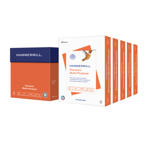 Hammermill Premium Multipurpose Paper, 97 Bright, 24 lb, White, 8-1/2" x 11", 5 Reams, 2500 Sheets