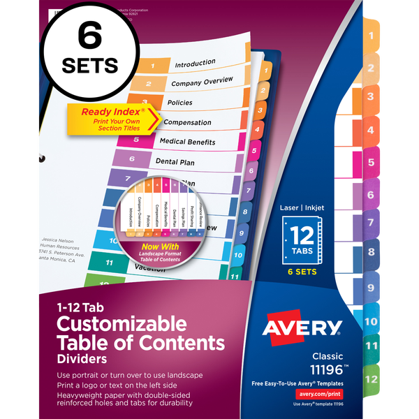 Avery Ready Index Table of Contents Dividers, Multi-Color, 12 Tab Set, 6 Sets