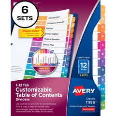 Avery Ready Index Table of Contents Dividers, Multi-Color, 12 Tab Set, 6 Sets