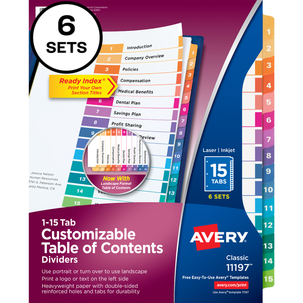 Avery Ready Index Durable Table of Contents Divider, Multi-Color, 15 Tab Set, 6 Sets