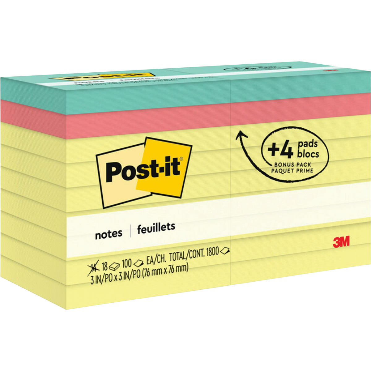 Post-it Notes Value Pack, 3" x 3", Canary Yellow and Poptimistic Collection, 100 Sheets, 18 Pads