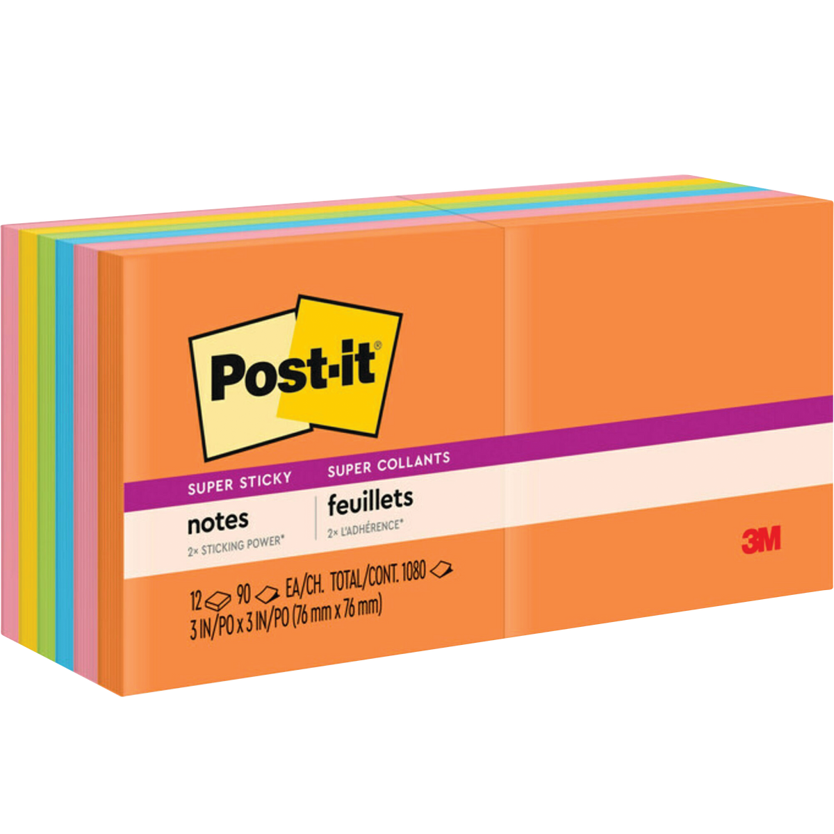 Post-it Super Sticky Notes, 3" x 3", Energy Boost Collection, 90 Sheets, 12 Pads