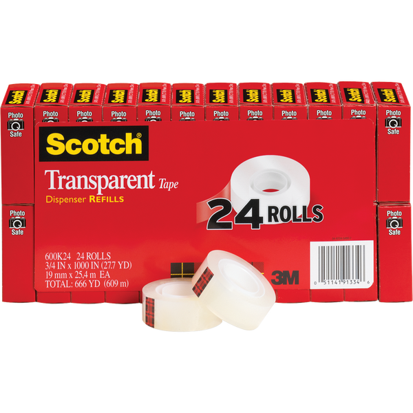 Scotch Transparent Tape Refill, 3/4"W x 1000"L, 24 ct