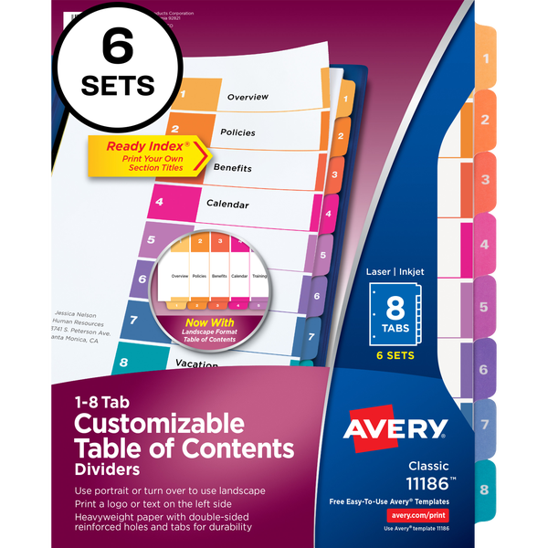 Avery Ready Index Table of Contents Divider, Multi-Color, 8 Tab Set, 6 Sets