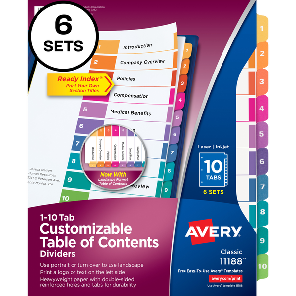 Avery Ready Index Table of Contents Divider, Multi-Color, 10 Tab Set, 6 Sets