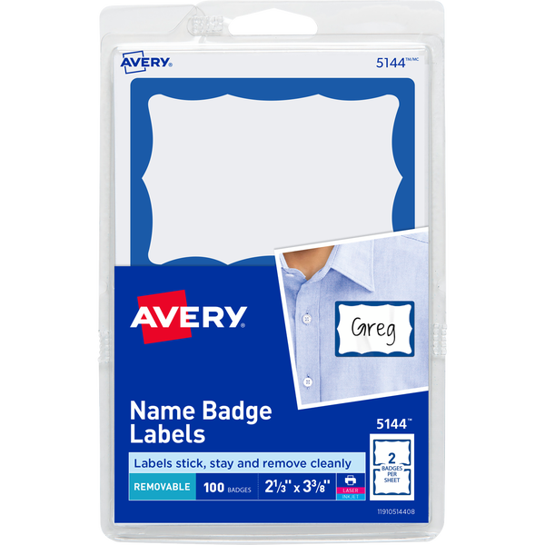 Avery Removable Self-Adhesive Name Badge, 2-11/32"L x 3-5/8"W, White and Blue, 100 ct