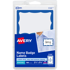 Avery Removable Self-Adhesive Name Badge, 2-11/32"L x 3-5/8"W, White and Blue, 100 ct