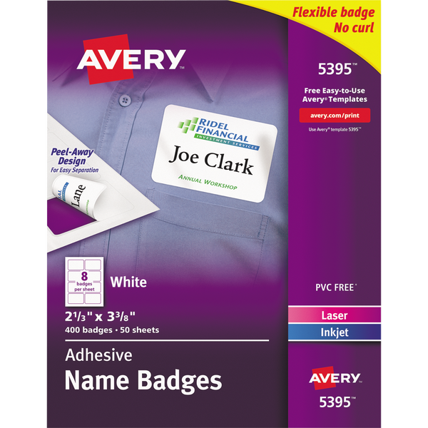 Avery Flexible Adhesive Name Badges, 2-1/3"L x 3-3/8"W, White, 400 ct