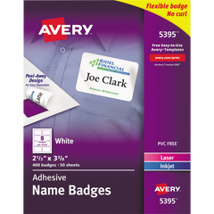 Avery Flexible Adhesive Name Badges, 2-1/3"L x 3-3/8"W, White, 400 ct