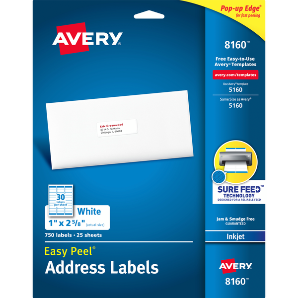 Avery Easy Peel Address Labels with Sure Feed, Inkjet, White, 1" x 2-5/8", 750 Labels