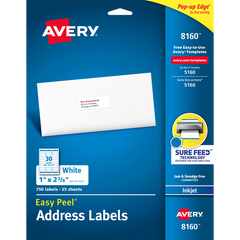 Avery Easy Peel Address Labels with Sure Feed, Inkjet, White, 1" x 2-5/8", 750 Labels