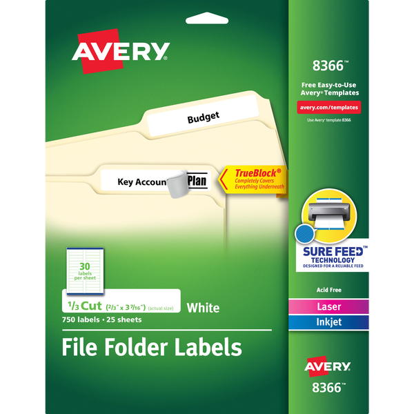 Avery File Folder Labels with Sure Feed, Laser/Inkjet, White, 2/3" x 3-7/16", 750 Labels