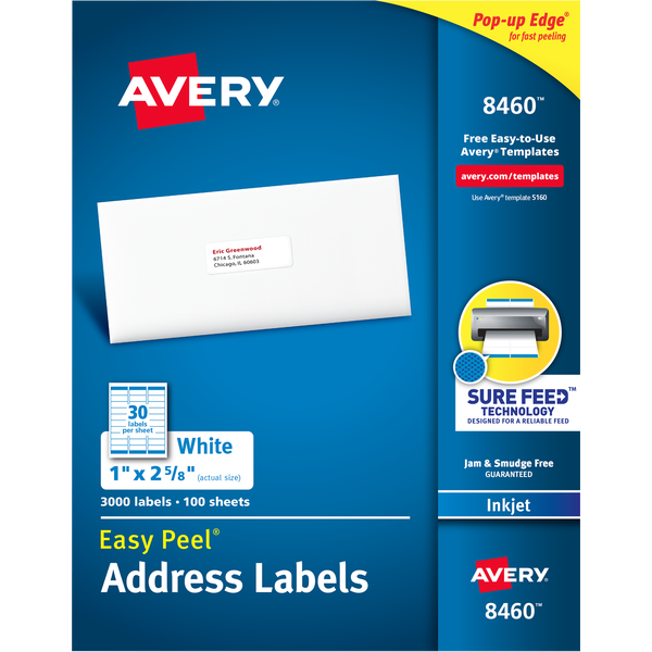 Avery Easy Peel Address Labels with Sure Feed, Inkjet, White, 1" x 2-5/8", 3000 Labels