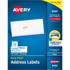 Avery Easy Peel Address Labels with Sure Feed, Inkjet, White, 1" x 2-5/8", 3000 Labels