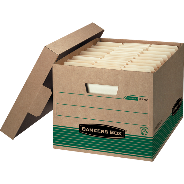 Bankers Box FastFold Recycled Stor/File Storage Box, Medium Duty, Lift-Off Locking Lid, Letter/Legal, Kraft/Green, 12 ct