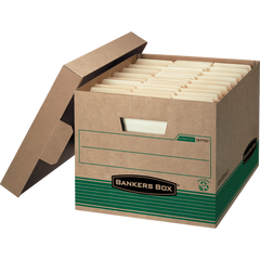 Bankers Box FastFold Recycled Stor/File Storage Box, Medium Duty, Lift-Off Locking Lid, Letter/Legal, Kraft/Green, 12 ct