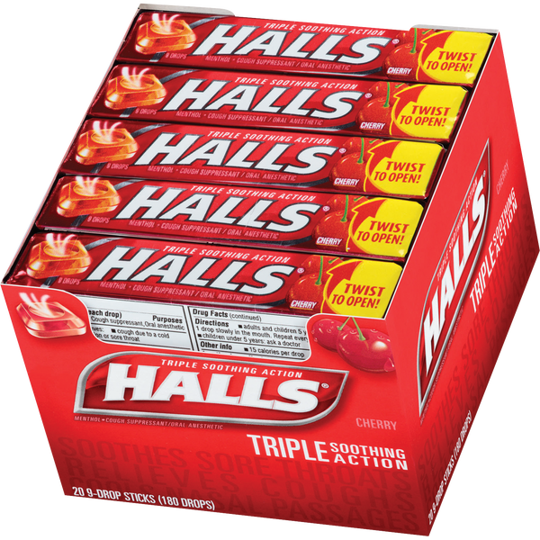 HALLS Relief Cough Drops, Triple Soothing Action, Cherry, 20 ct