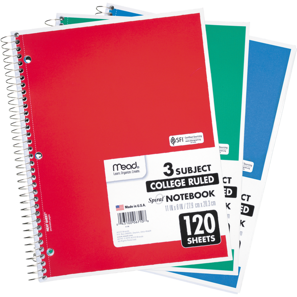 Mead 3-Subject Spiral Notebook, College Ruled, Assorted Colors, 11" x 8, 120 Sheets