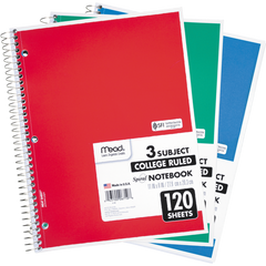 Mead 3-Subject Spiral Notebook, College Ruled, Assorted Colors, 11" x 8, 120 Sheets