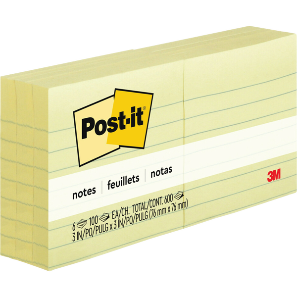 Post-it Notes, 3" x 3", Canary Yellow, Lined, 100 Sheets, 6 Pads