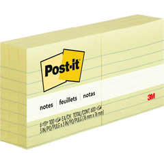 Post-it Notes, 3" x 3", Canary Yellow, Lined, 100 Sheets, 6 Pads