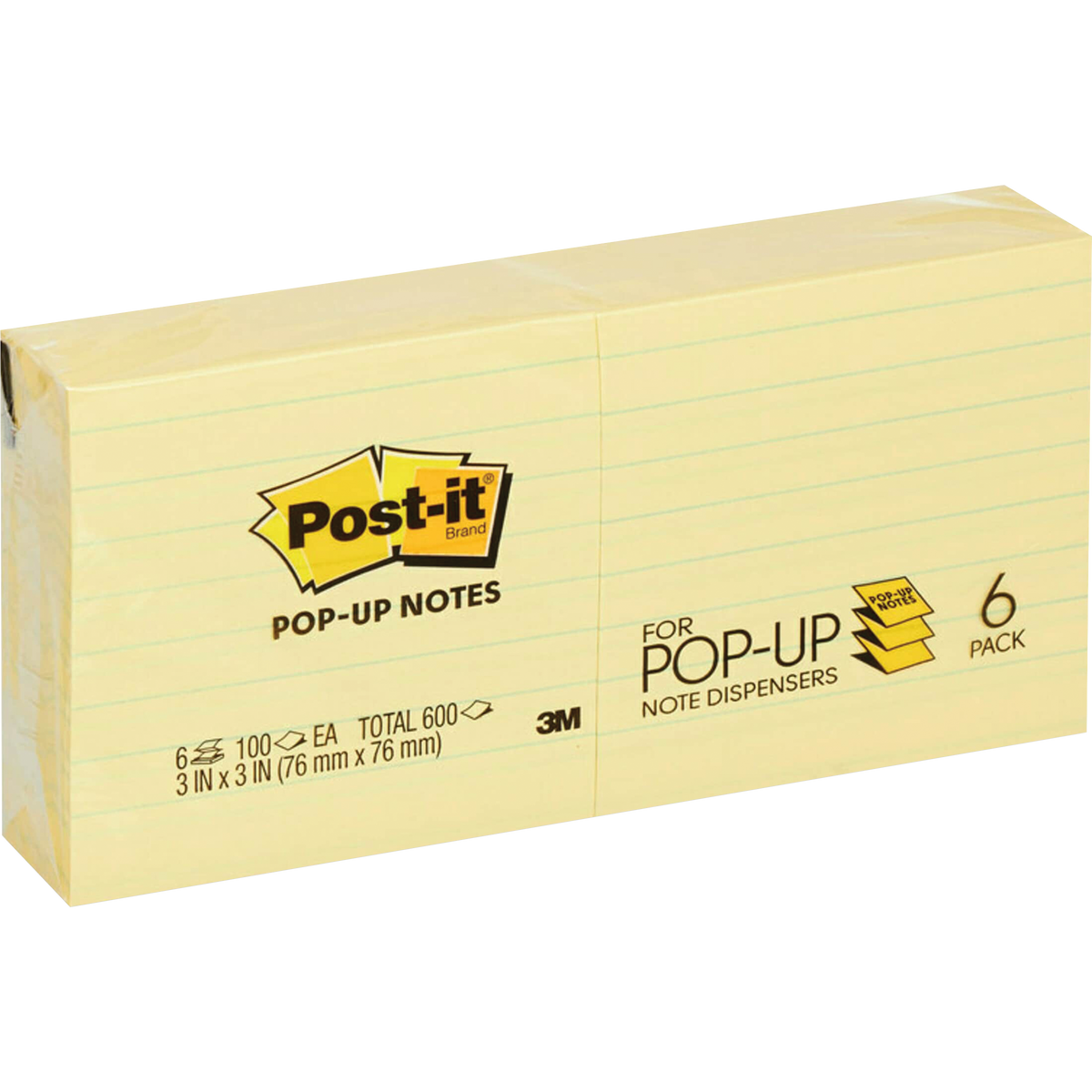 Post-it Dispenser Pop-up Notes, 3" x 3", Canary Yellow, Lined, 100 Sheets, 6 Pads