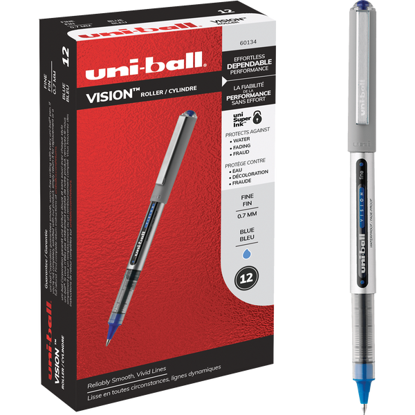 uni-ball Vision Rollerball Stick Pen, Fine Point 0.7mm, Blue Ink, 12 ct