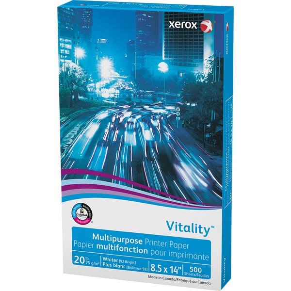 Xerox Vitality Multipurpose Paper, 92 Bright, 20 lb, White, 8-1/2" x 14", 1 Ream, 500 Sheets