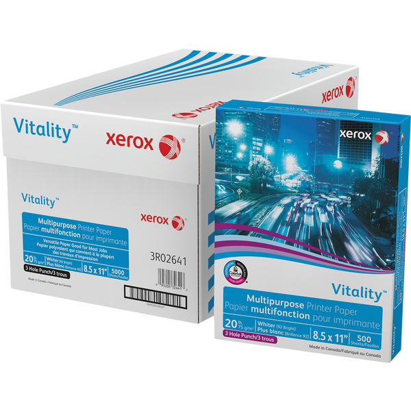 Xerox Vitality 3-Hole Punch Multipurpose Paper, 92 Bright, 20 lb, White, 8-1/2" x 11", 10 Reams, 5000 Sheets