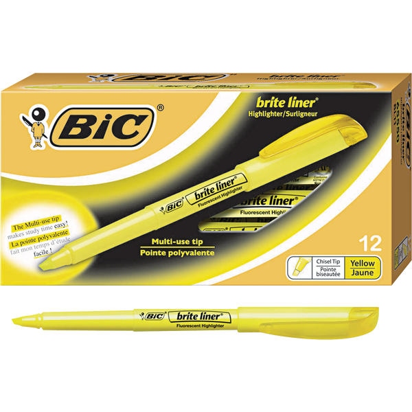 BIC Brite Liner Pen Highlighter, Chisel Tip, Fluorescent Yellow, 12 ct