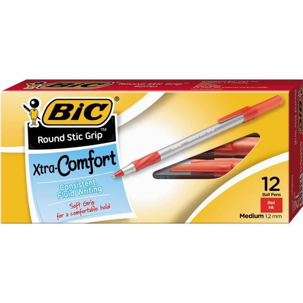 BIC Round Stic Grip Ballpoint Pen, Medium Point 1.0mm, Red Ink, 12 ct