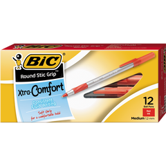 BIC Round Stic Grip Ballpoint Pen, Medium Point 1.0mm, Red Ink, 12 ct