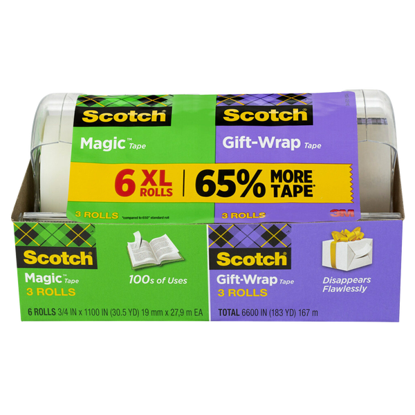 Scotch Magic Tape and Gift-Wrap Tape with Dispenser, 3/4" x 1100", Clear, 6 ct