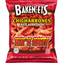 Baken-Ets Chicharrones Fried Pork Skins, Hot’n Spicy, 1 oz, 64 ct