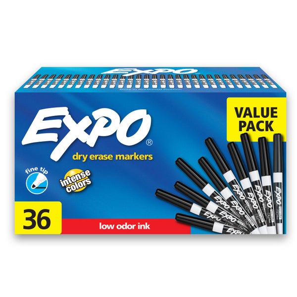 EXPO Low Odor Dry Erase Marker, Fine Tip, Black, 36 ct