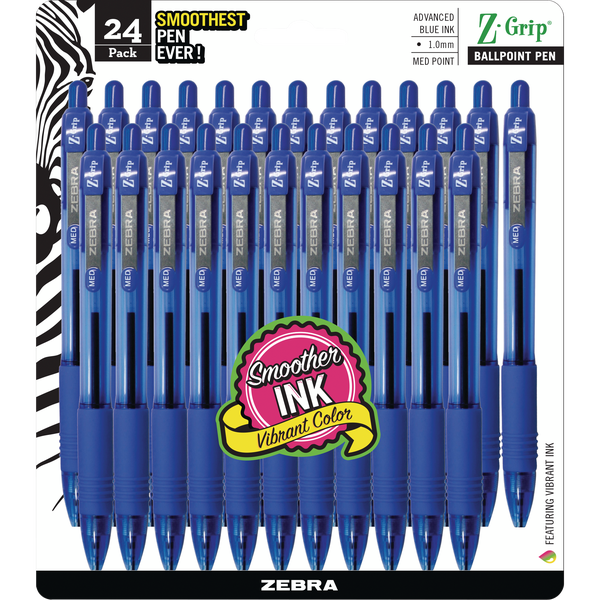 Zebra Z-Grip Retractable Ballpoint Pen, Medium Point 1.0mm, Blue Ink, 24 ct