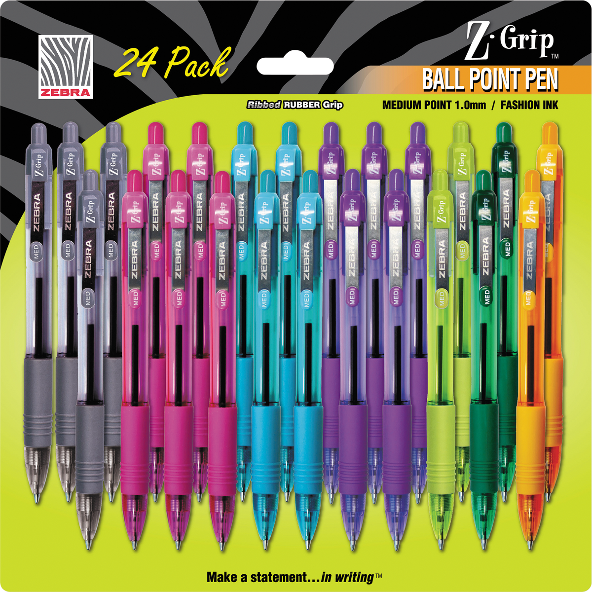 Zebra Z-Grip Retractable Ballpoint Pen, Medium Point 1.0mm, Assorted Ink Colors, 24 ct