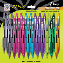 Zebra Z-Grip Retractable Ballpoint Pen, Medium Point 1.0mm, Assorted Ink Colors, 24 ct