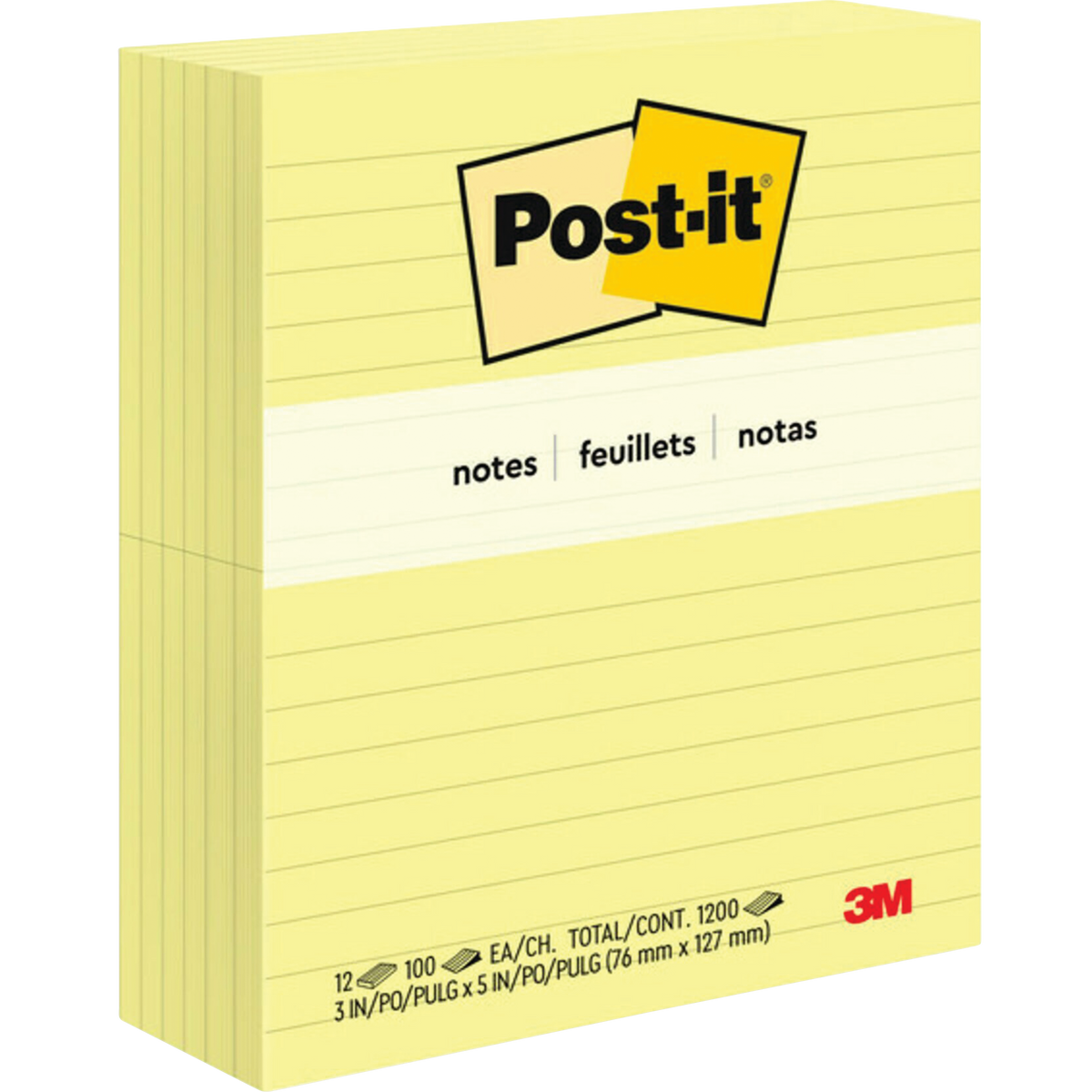 Post-it Lined Notes, 3" x 5", Canary Yellow, 100 Sheets, 12 Pads