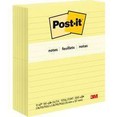 Post-it Lined Notes, 3" x 5", Canary Yellow, 100 Sheets, 12 Pads