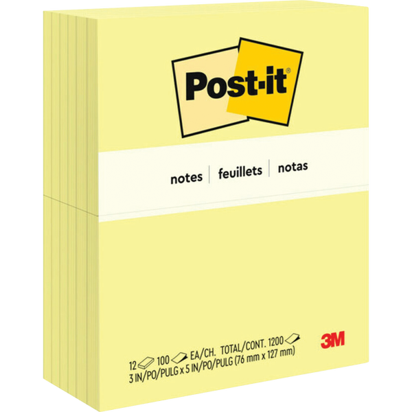 Post-it Notes, 3" x 5", Canary Yellow, 100 Sheets, 12 Pads